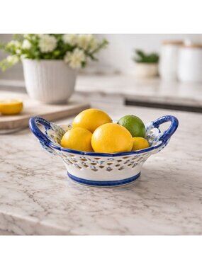 D.N&E.L Hand-Vtg Porcelain Basket W/Windmill Scene & Dual Handles Blue & White